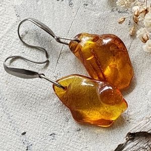 Amber Natural Large Genuine Nuggets Surgical Steel Hooks Silver Earrings
